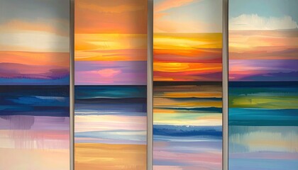 A collection of four vertical abstract landscape paintings, each showcasing colorful skies and waters