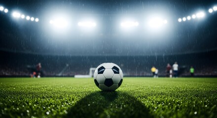 Fototapeta premium Soccer ball centered on wet green grass field under stadium lights during heavy rain at night game.