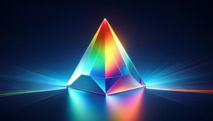abstract crystal prism refracting light creating rainbow spectrum on dark blue surface concept of optics physics and light dispersion for science and education