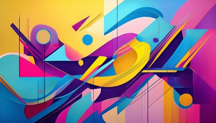 vibrant abstract painting with geometric shapes and lines in blue yellow pink and purple modern art concept with dynamic composition and colorful design