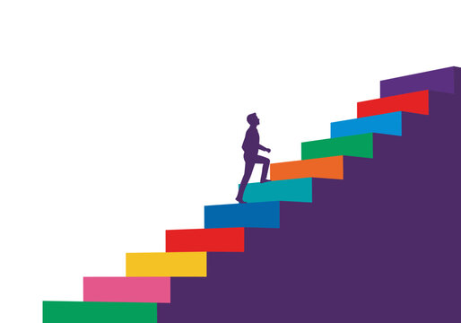 Colorful stairway to success with silhouette climbing steps