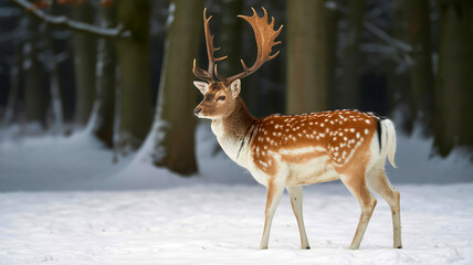 A majestic fallow deer stands in pristine white snow against a dark forest backdrop