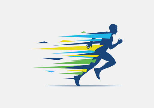 Dynamic abstract runner in motion with vibrant geometric shapes