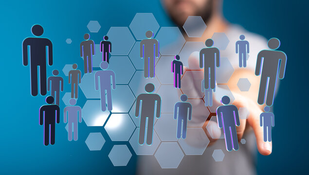 Abstract business concept of a person touching a network of people. Communication, connection, technology and t - Powered by Adobe