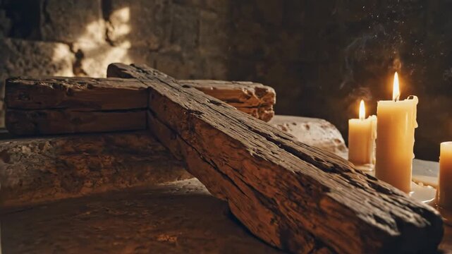 Wooden Cross and Candles - This video shows a rustic wooden cross lying on a stone surface, illuminated by the warm glow of several lit candles.