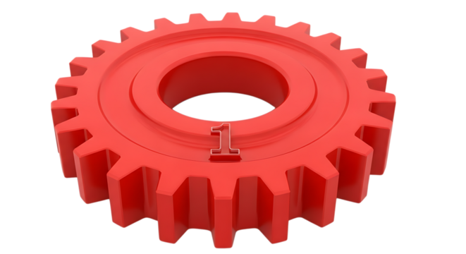Bright red plastic gear with intricate teeth and central hub on a black background - Powered by Adobe