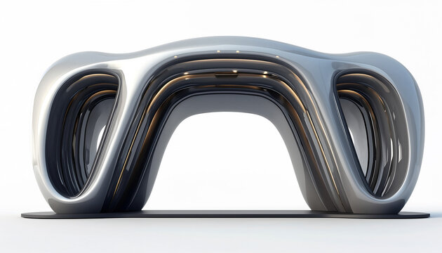 Sleek modern abstract sculpture with flowing metallic curves and ambient interior lighting, perfect for architectural concepts and futuristic design