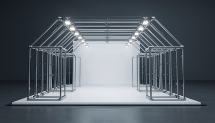 Modern exhibition booth design with bright lighting and clean white backdrop, ready for impactful brand display and product showcase.