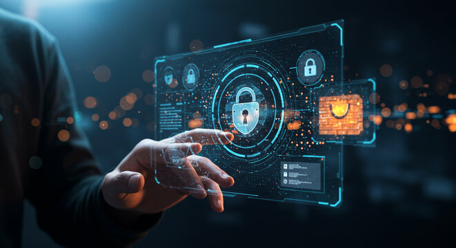 Innovative cybersecurity professional interacting with futuristic digital security interface displaying lock and firewall icons