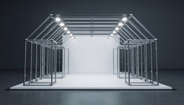 Modern exhibition booth design with bright lighting and clean white backdrop, ready for impactful brand display and product showcase.