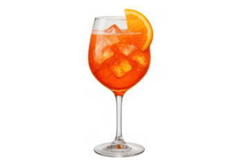 Refreshing orange aperitif cocktail in a wine glass with ice and orange slice, enjoying a summer drink, transparent background