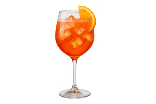 Refreshing orange aperitif cocktail in a wine glass with ice and orange slice, enjoying a summer drink, transparent background