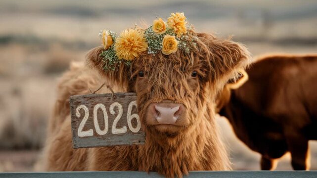 Adorable highland cow calf with flower crown and 2026 sign in rustic farm setting