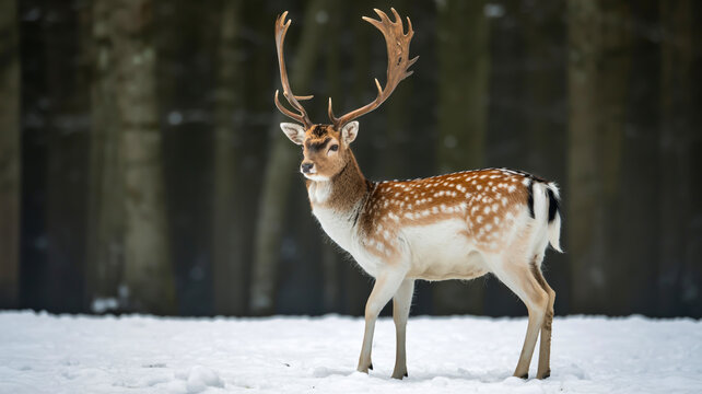 A majestic fallow deer stands in pristine white snow against a dark forest backdrop