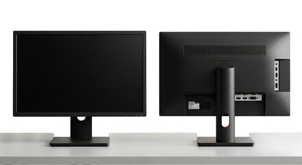 Two identical computer monitors displayed side by side with one showing the front and the other the back