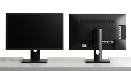 Two identical computer monitors displayed side by side with one showing the front and the other the back