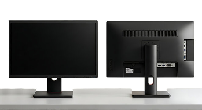 Two identical computer monitors displayed side by side with one showing the front and the other the back