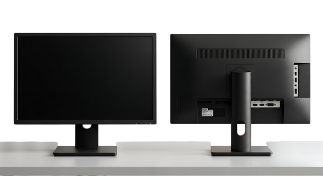 Two identical computer monitors displayed side by side with one showing the front and the other the back