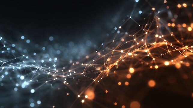 Abstract blue light explosion of glowing fiber optic cables illustrating digital network energy and technology with star-like spots