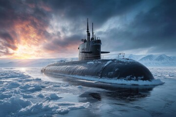 Fototapeta premium Submarine navigating through icy waters at sunset, surrounded by floating ice, showcasing the power and resilience of naval engineering in extreme environments