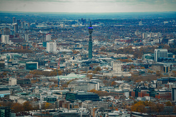 UK National Telecommunications Communications Tower, City Of London Urban Landscape Horizon, Fitzrovia, Marylebone, Paddington Cityscape Aerial Elevated View, England, United Kingdom