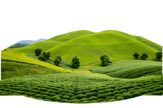 Rolling green hills with agricultural fields and scattered trees on a transparent background isolated on a transparent background