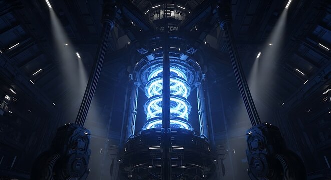 Futuristic stage lighting with glowing blue architectural elements