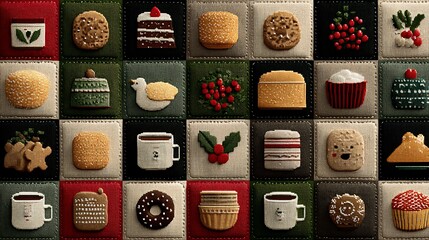 Grid of 24 Embroidered Christmas Themed Food and Drink Icons holiday festive photo