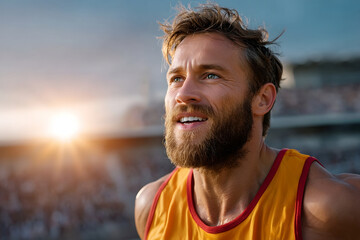 Focused male athlete with beard wearing yellow sports jersey looks ahead with determination during sunset outdoor event