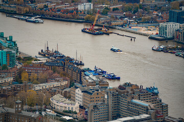 Obraz premium Southwark City Of London East End Urban Landscape, River Thames, London Docklands, St Katharine Docks﻿, St Katharine's, Wapping﻿, Tower Hamlets﻿ Cityscape Aerial Elevated View, England, United Kingdom