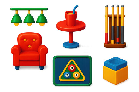 Billiards Room Icons. 3D icon set of billiards room elements: hanging lights, drink table, cue stand, leather seating, club logo