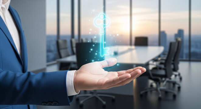 A person holding a glowing key in their hand in a modern office conference room setting at sunset - Powered by Adobe