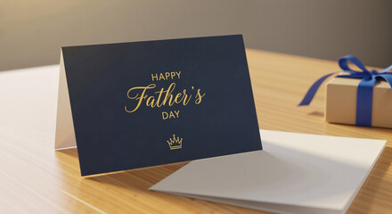 Father's Day greeting card on a wooden table with a gift box