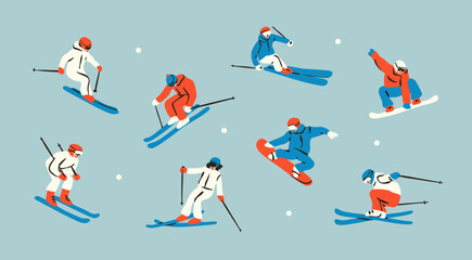 Set of Skiers, Snowboarders in motion. Sportsmen in different poses. Winter sports, extreme outdoor activity concept. Hand drawn Vector illustration. Isolated design elements