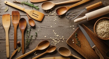 Wooden kitchen utensils and ingredients on a rustic wooden surface top