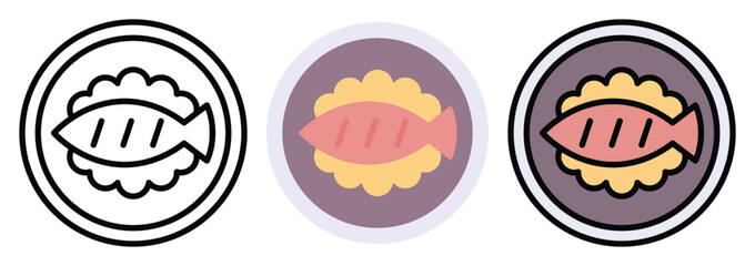 Fried Fish Icon Set in Outline, Color & Flat Style