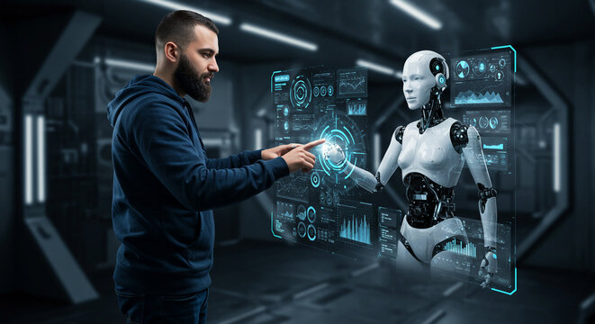 Man interacts with advanced AI robot projecting futuristic holographic data interfaces showing growth charts and analytics in a modern laboratory setting.