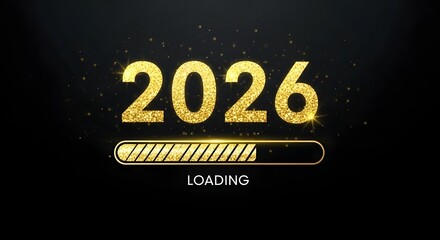 Golden 2026 loading bar with sparkling particles on black background