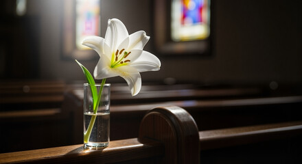 White lily in a glass vase, peaceful ambiance in a church interior
