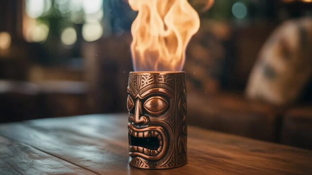 A tiki mug with fire erupting from the top sits on a wooden table