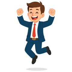 Happy cartoon businessman jumping excitedly, celebrating success and achievement in a blue suit and red tie. isolated.