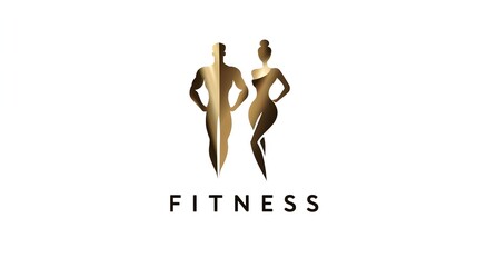 Fototapeta premium Luxury fitness logo with golden muscular man and fit woman body symbol. Concept: Premium fitness branding, luxury sports identity, combined masculine and feminine body emblem, for fitness, sport salon