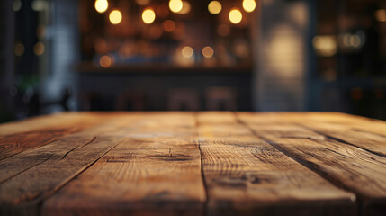 Empty Rustic Wooden Tabletop Foreground with Blurry Warm Bar or Coffee Shop Background