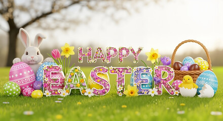 Colorful Easter decoration with "Happy Easter" letters, bunny, eggs, and flowers