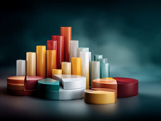 Colorful 3D pie chart and bar graph set dark background, representing data visualization and business analytics with vibrant tones and modern style