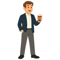 Smiling businessman illustration holding a coffee cup, presenting a professional male character during a quick break.