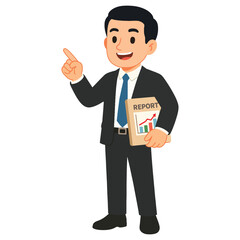Businessman cartoon character presenting a report with a positive growth chart, pointing happily and smiling.
