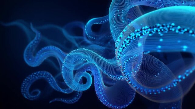 Ocean's Embrace: A mesmerizing view of the deep sea featuring a translucent blue octopus with its sinuous tentacles gracefully navigating the unexplored realm.