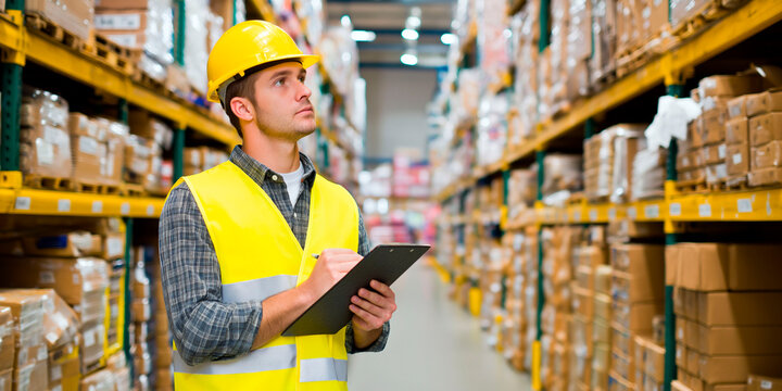 Warehouse worker wearing safety vest and helmet inspecting inventory with clipboard among shelves full of boxes