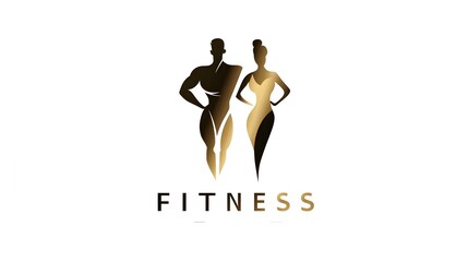 Luxury fitness logo with golden muscular man and fit woman body symbol. Concept: Premium fitness branding, luxury sports identity, combined masculine and feminine body emblem, for fitness, sport salon